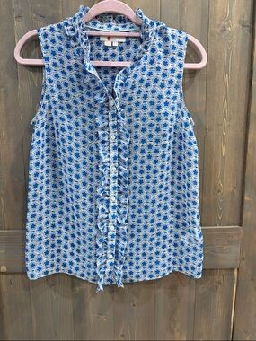 Boden Blue and White Sleeveless Ruffle Button-Front Top